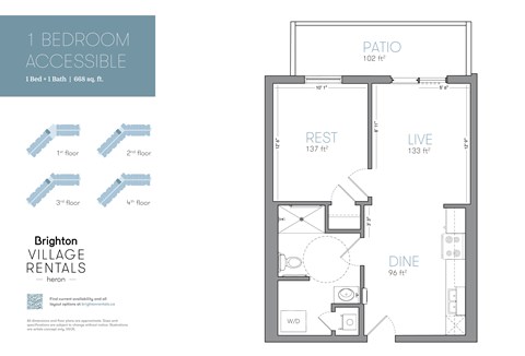 Floor plan for 1 bed, 1 bath, 668 sqft